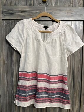 Talbots Size Small Linen Short-Sleeve SummerTunic with Red  & Navy Stripes